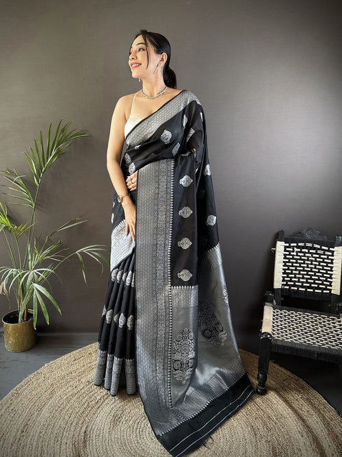 Dista Elora Black Soft Silk Floral Motifs Banarasi Saree