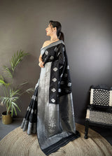 Dista Elora Black Soft Silk Floral Motifs Banarasi Saree, view 2