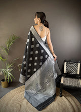 Dista Elora Black Soft Silk Floral Motifs Banarasi Saree, view 3