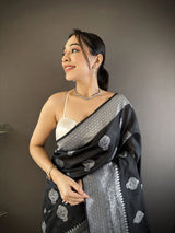 Dista Elora Black Soft Silk Floral Motifs Banarasi Saree, view 4