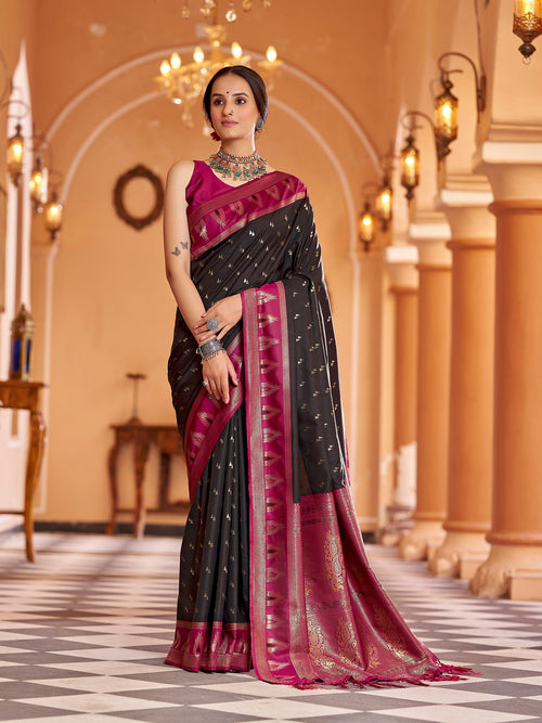 Dista Elora Black Soft Silk Geometric Buti Banarasi Silk Zari Jacquard Work Designer Saree