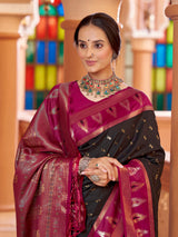 Dista Elora Black Soft Silk Geometric Buti Banarasi Silk Zari Jacquard Work Designer Saree, view 6