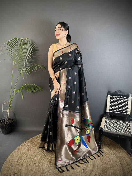 Dista Elora Black Soft Silk Peacock & Floral Zari Motifs Kanchipuram Saree