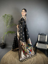 Dista Elora Black Soft Silk Peacock & Floral Zari Motifs Kanchipuram Saree, view 2