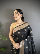 Dista Elora Black Soft Silk Peacock & Floral Zari Motifs Kanchipuram Saree, view 3