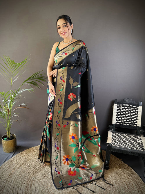Dista Elora Black Soft Silk Zari Woven Floral Motifs Paithani Saree