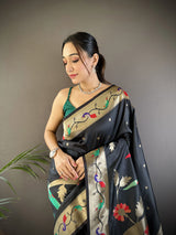 Dista Elora Black Soft Silk Zari Woven Floral Motifs Paithani Saree, view 2