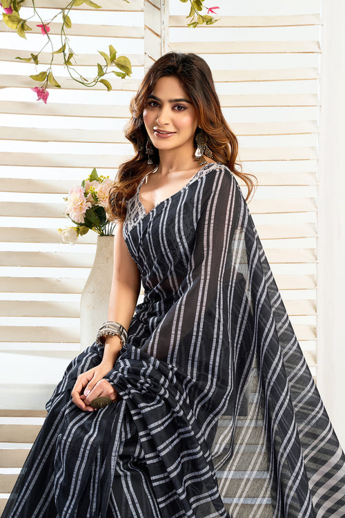 Dista Elora Black & White Linen Striped Printed Ready To Wear Saree