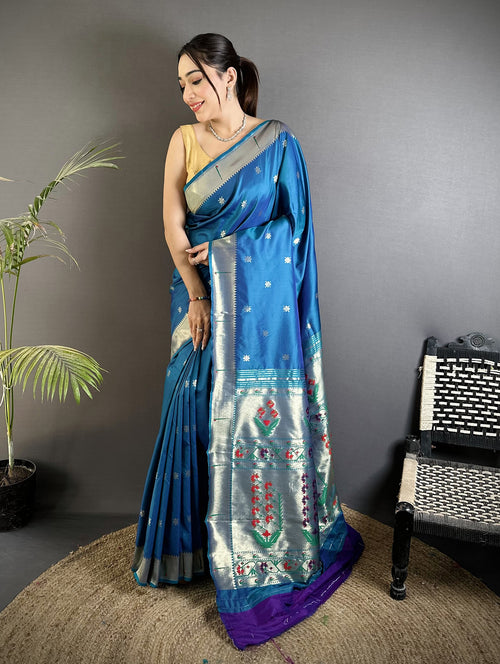 Dista Elora Blue Lichi Silk Floral Ikat Motifs Zari weaving Paithani Saree