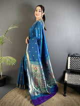 Dista Elora Blue Lichi Silk Floral Ikat Motifs Zari weaving Paithani Saree, view 2