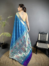 Dista Elora Blue Lichi Silk Floral Ikat Motifs Zari weaving Paithani Saree, view 3