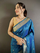 Dista Elora Blue Lichi Silk Floral Ikat Motifs Zari weaving Paithani Saree, view 4