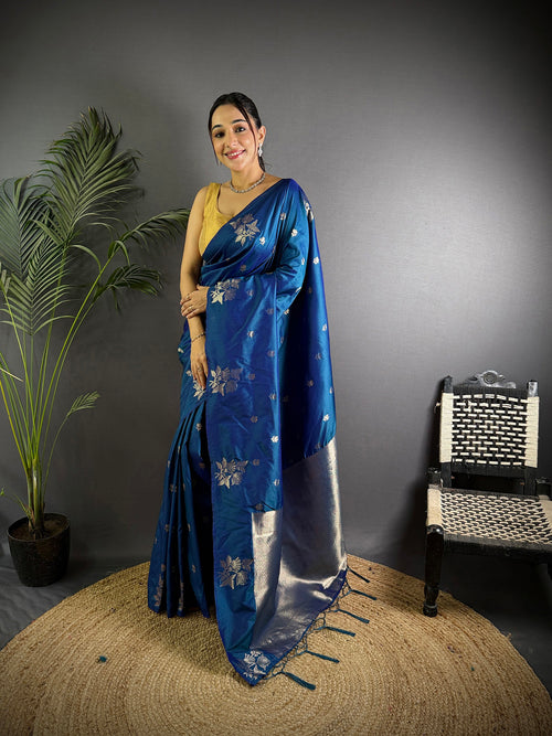 Dista Elora Blue Lichi Silk Flower Zari Weaving Banarasi Saree