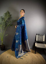 Dista Elora Blue Lichi Silk Flower Zari Weaving Banarasi Saree, view 2