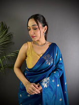 Dista Elora Blue Lichi Silk Flower Zari Weaving Banarasi Saree, view 3