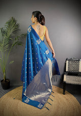 Dista Elora Blue Lichi Silk Flower Zari Weaving Banarasi Saree, view 4