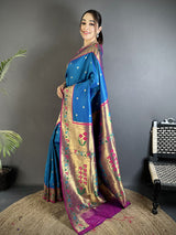 Dista Elora Blue Lichi Silk Ikkat Floral Motifs Zari Woven Paithani Saree, view 2