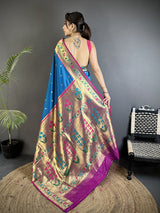 Dista Elora Blue Lichi Silk Ikkat Floral Motifs Zari Woven Paithani Saree, view 3