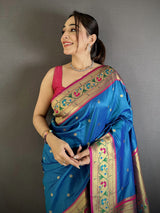 Dista Elora Blue Lichi Silk Ikkat Floral Motifs Zari Woven Paithani Saree, view 4