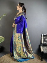 Dista Elora Blue Lichi Silk Ikkat Floral Motifs Zari Woven Paithani Saree, view 2