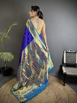 Dista Elora Blue Lichi Silk Ikkat Floral Motifs Zari Woven Paithani Saree, view 3
