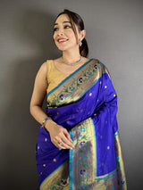 Dista Elora Blue Lichi Silk Ikkat Floral Motifs Zari Woven Paithani Saree, view 4