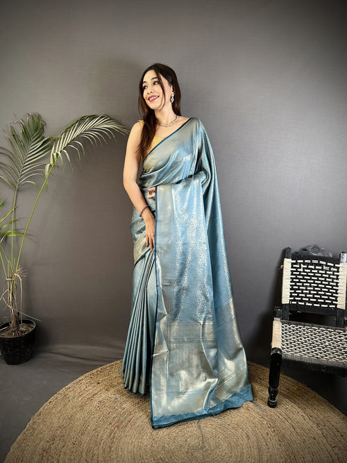 Dista Elora Blue Satin Silk Floral Motifs & Ethnic Silver Zari Design Kanchipuram Saree