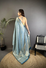 Dista Elora Blue Satin Silk Floral Motifs & Ethnic Silver Zari Design Kanchipuram Saree, view 2
