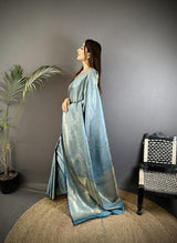 Dista Elora Blue Satin Silk Floral Motifs & Ethnic Silver Zari Design Kanchipuram Saree, view 3