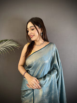 Dista Elora Blue Satin Silk Floral Motifs & Ethnic Silver Zari Design Kanchipuram Saree, view 4