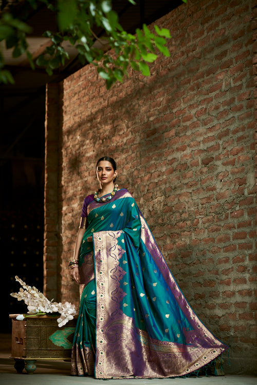 Dista Elora Blue Silk Blend Woven Banarasi Designer Saree For Women