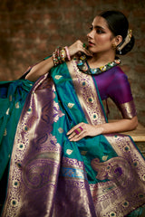 Dista Elora Blue Silk Blend Woven Banarasi Designer Saree For Women, view 2
