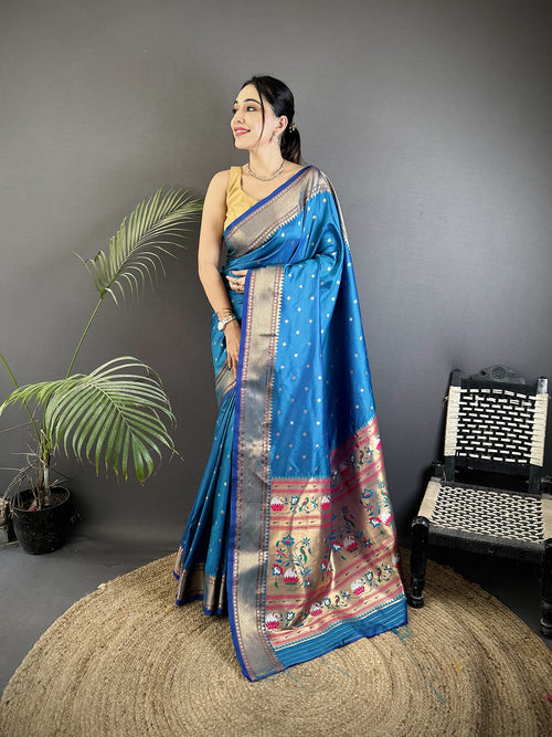 Dista Elora Blue Soft Lichi Silk Butti Meenakari Work Paithani Saree