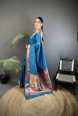 Dista Elora Blue Soft Lichi Silk Butti Meenakari Work Paithani Saree, view 2