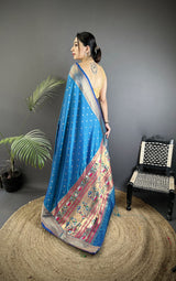 Dista Elora Blue Soft Lichi Silk Butti Meenakari Work Paithani Saree, view 3