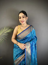 Dista Elora Blue Soft Lichi Silk Butti Meenakari Work Paithani Saree, view 4