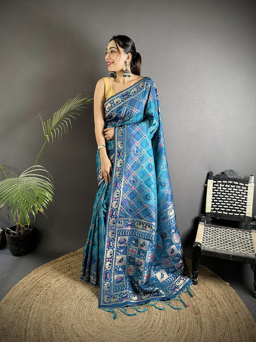 Dista Elora Blue Soft Silk Geometric Zari Woven Patola Saree