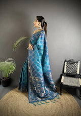 Dista Elora Blue Soft Silk Geometric Zari Woven Patola Saree, view 2