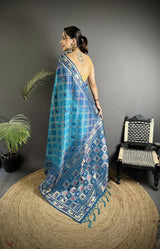 Dista Elora Blue Soft Silk Geometric Zari Woven Patola Saree, view 3