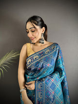 Dista Elora Blue Soft Silk Geometric Zari Woven Patola Saree, view 4