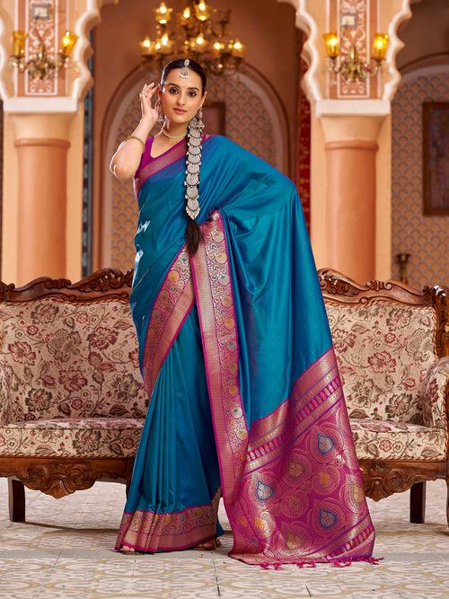 Dista Elora Blue Soft Silk Solid Banarasi Silk Zari Jacquard Work Designer Saree
