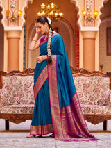 Dista Elora Blue Soft Silk Solid Banarasi Silk Zari Jacquard Work Designer Saree, view 2