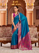 Dista Elora Blue Soft Silk Solid Banarasi Silk Zari Jacquard Work Designer Saree, view 3