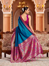 Dista Elora Blue Soft Silk Solid Banarasi Silk Zari Jacquard Work Designer Saree, view 4