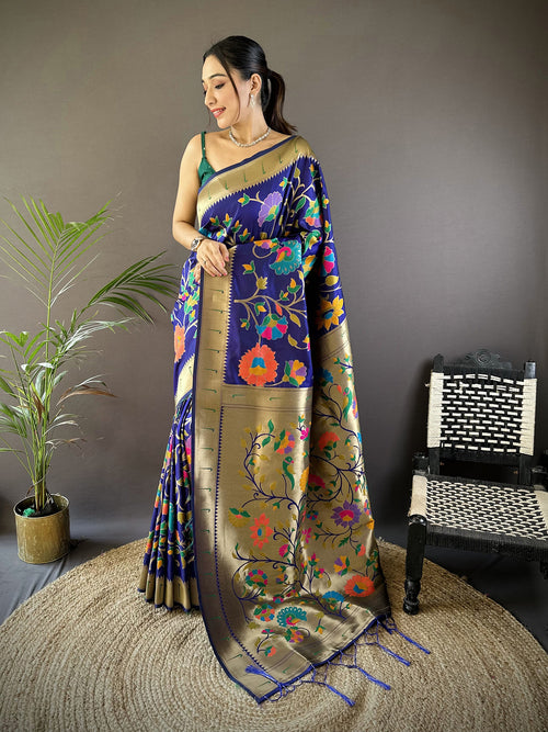 Dista Elora Blue Soft Silk Zari Woven Floral Motifs Paithani Saree