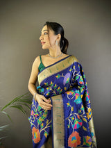 Dista Elora Blue Soft Silk Zari Woven Floral Motifs Paithani Saree, view 2