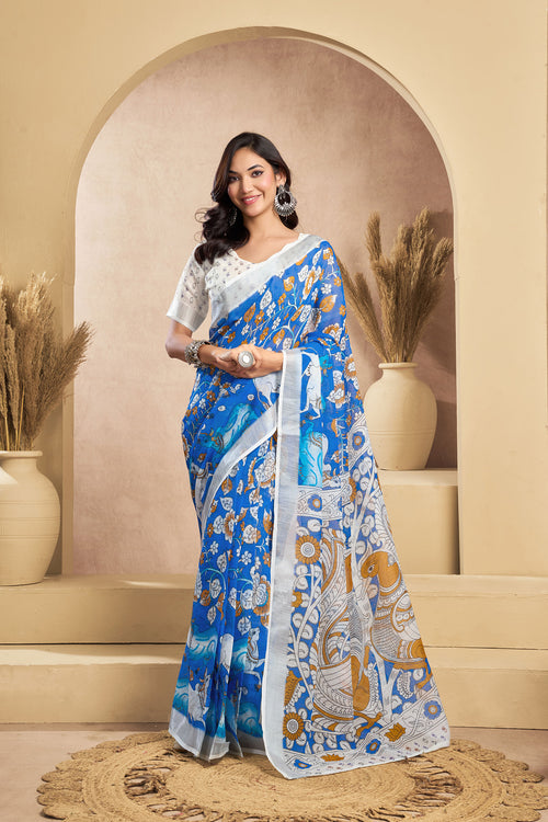 Dista Elora Blue & White Linen Kalamkari Printed Ready To Wear Saree