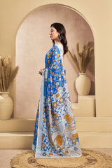 Dista Elora Blue & White Linen Kalamkari Printed Ready To Wear Saree, view 2