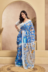 Dista Elora Blue & White Linen Kalamkari Printed Ready To Wear Saree, view 3