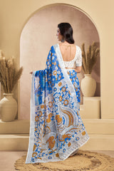 Dista Elora Blue & White Linen Kalamkari Printed Ready To Wear Saree, view 4